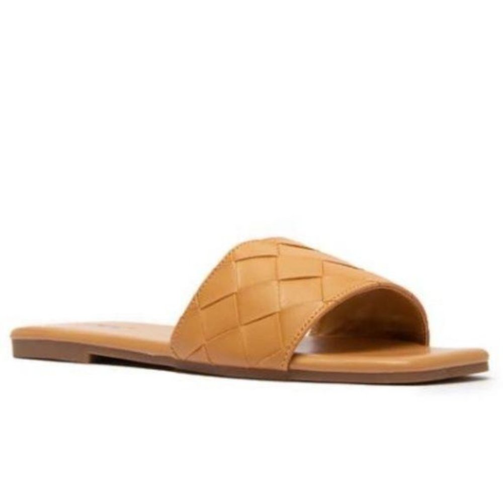 Square Toe Woven Strap Slide Sandals in Tan - Picture 2 of 5